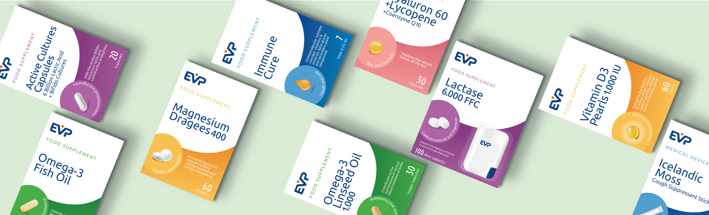 Bildcollage zeigt Produktvielfalt der EVP - Euro Vital Pharma